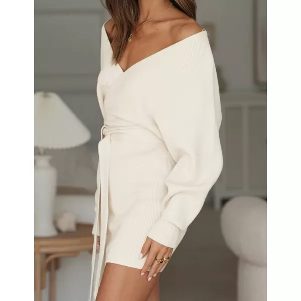 imageZESICA Womens 2023 Fall Long Batwing Sleeve Wrap V Neck Knitted Backless Bodycon Pullover Sweater Dress with BeltApricot
