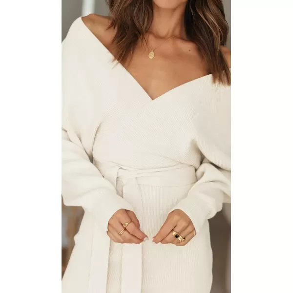 imageZESICA Womens 2023 Fall Long Batwing Sleeve Wrap V Neck Knitted Backless Bodycon Pullover Sweater Dress with BeltApricot
