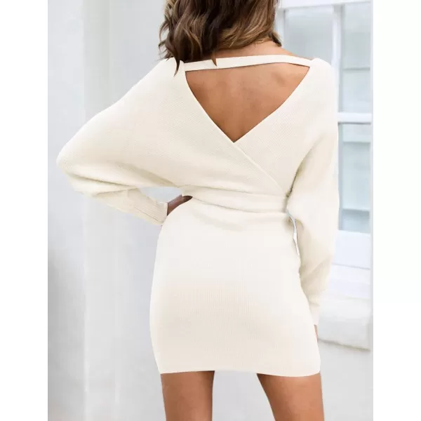imageZESICA Womens 2023 Fall Long Batwing Sleeve Wrap V Neck Knitted Backless Bodycon Pullover Sweater Dress with BeltApricot