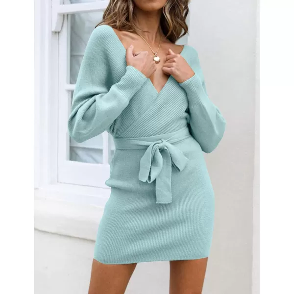 imageZESICA Womens 2023 Fall Long Batwing Sleeve Wrap V Neck Knitted Backless Bodycon Pullover Sweater Dress with BeltAqua