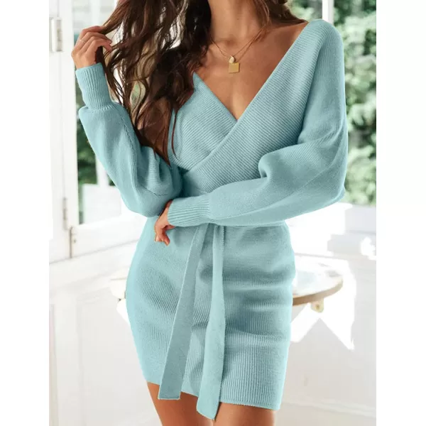 imageZESICA Womens 2023 Fall Long Batwing Sleeve Wrap V Neck Knitted Backless Bodycon Pullover Sweater Dress with BeltAqua