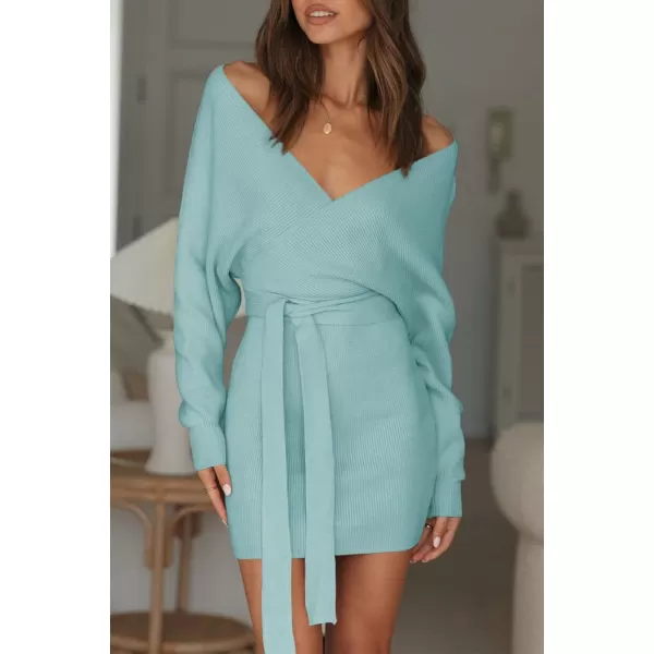 imageZESICA Womens 2023 Fall Long Batwing Sleeve Wrap V Neck Knitted Backless Bodycon Pullover Sweater Dress with BeltAqua