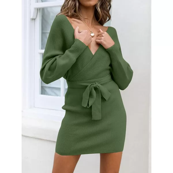 imageZESICA Womens 2023 Fall Long Batwing Sleeve Wrap V Neck Knitted Backless Bodycon Pullover Sweater Dress with BeltArmygreen