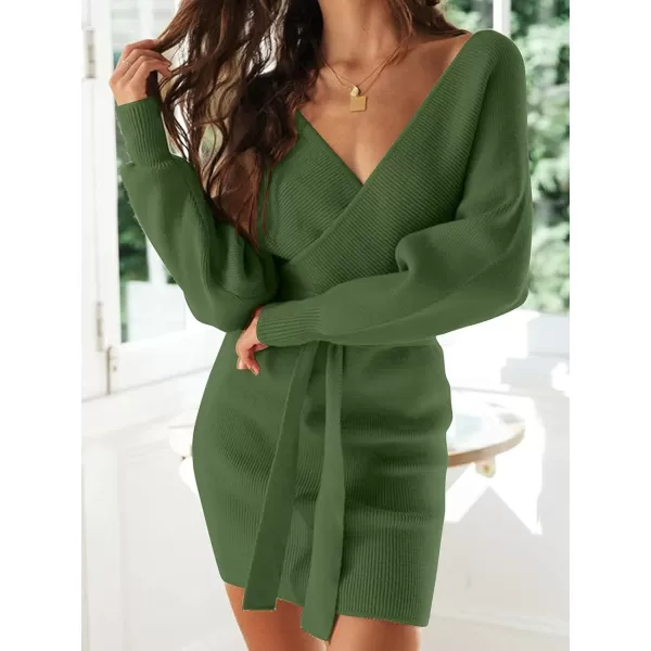 imageZESICA Womens 2023 Fall Long Batwing Sleeve Wrap V Neck Knitted Backless Bodycon Pullover Sweater Dress with BeltArmygreen
