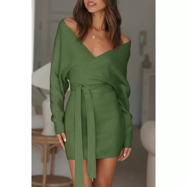 imageZESICA Womens 2023 Fall Long Batwing Sleeve Wrap V Neck Knitted Backless Bodycon Pullover Sweater Dress with BeltArmygreen