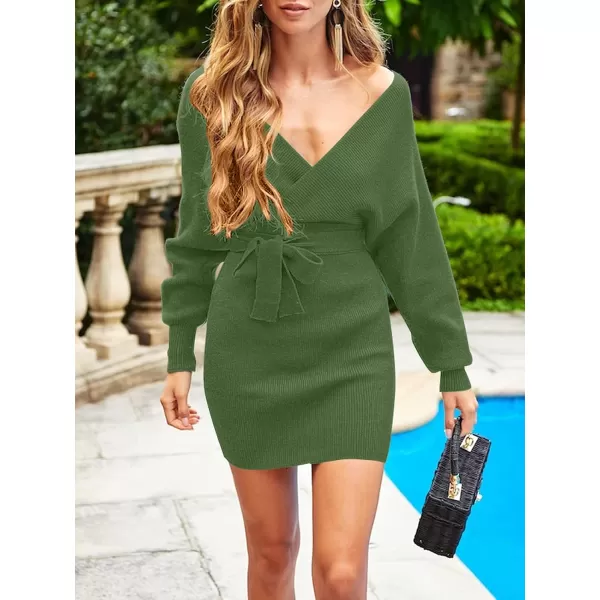 imageZESICA Womens 2023 Fall Long Batwing Sleeve Wrap V Neck Knitted Backless Bodycon Pullover Sweater Dress with BeltArmygreen