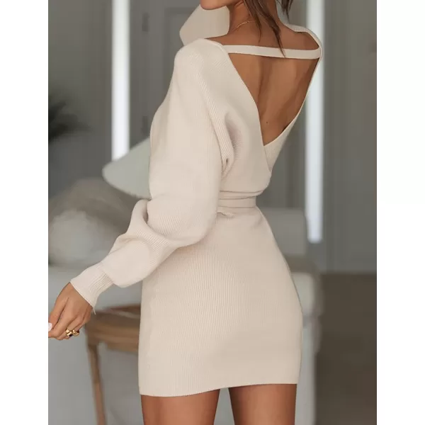 imageZESICA Womens 2023 Fall Long Batwing Sleeve Wrap V Neck Knitted Backless Bodycon Pullover Sweater Dress with BeltBeige
