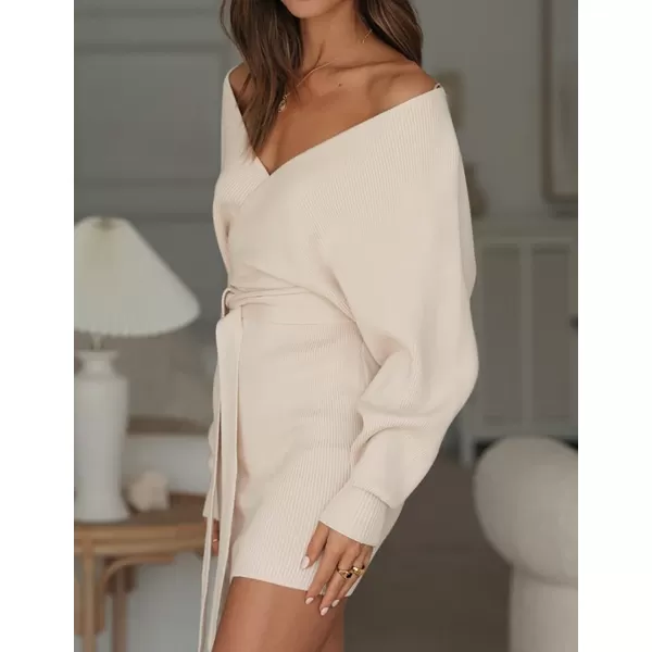imageZESICA Womens 2023 Fall Long Batwing Sleeve Wrap V Neck Knitted Backless Bodycon Pullover Sweater Dress with BeltBeige
