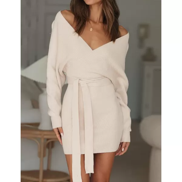 imageZESICA Womens 2023 Fall Long Batwing Sleeve Wrap V Neck Knitted Backless Bodycon Pullover Sweater Dress with BeltBeige