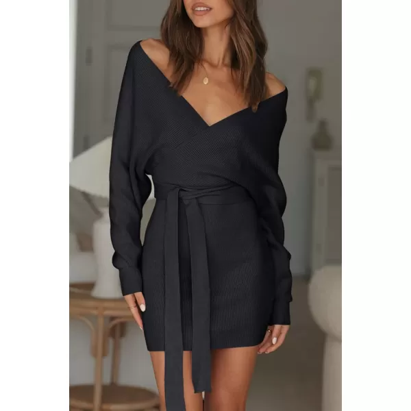 imageZESICA Womens 2023 Fall Long Batwing Sleeve Wrap V Neck Knitted Backless Bodycon Pullover Sweater Dress with BeltBlack