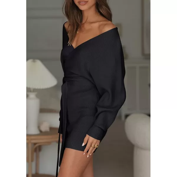imageZESICA Womens 2023 Fall Long Batwing Sleeve Wrap V Neck Knitted Backless Bodycon Pullover Sweater Dress with BeltBlack