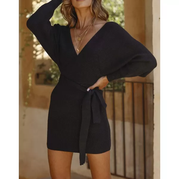 imageZESICA Womens 2023 Fall Long Batwing Sleeve Wrap V Neck Knitted Backless Bodycon Pullover Sweater Dress with BeltBlack