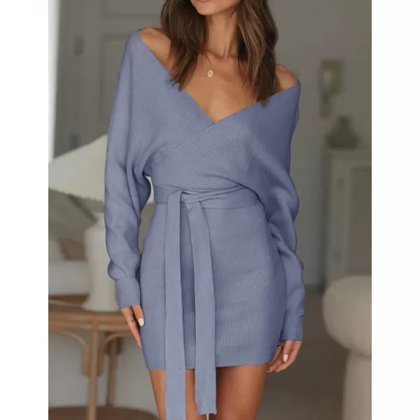 imageZESICA Womens 2023 Fall Long Batwing Sleeve Wrap V Neck Knitted Backless Bodycon Pullover Sweater Dress with BeltBlue