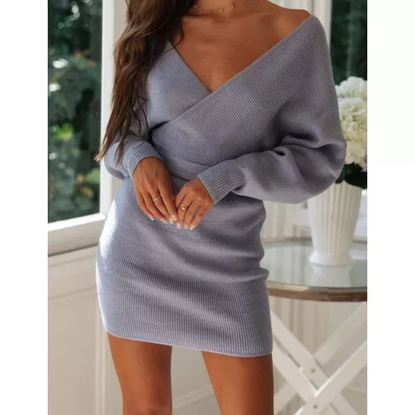 imageZESICA Womens 2023 Fall Long Batwing Sleeve Wrap V Neck Knitted Backless Bodycon Pullover Sweater Dress with BeltBlue