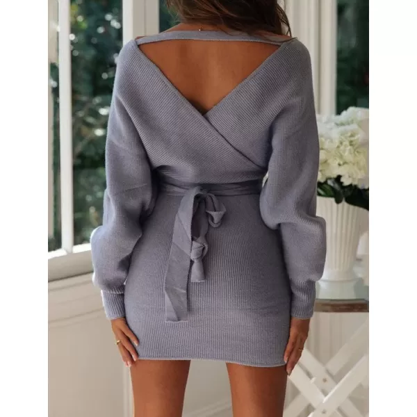 imageZESICA Womens 2023 Fall Long Batwing Sleeve Wrap V Neck Knitted Backless Bodycon Pullover Sweater Dress with BeltBlue