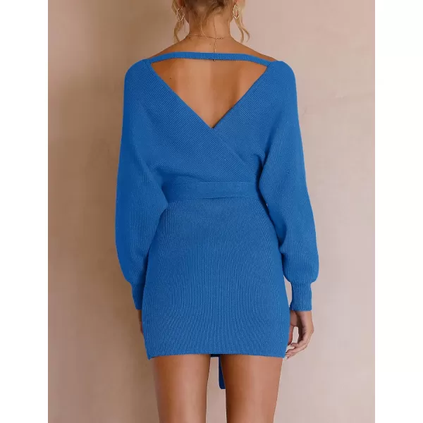 imageZESICA Womens 2023 Fall Long Batwing Sleeve Wrap V Neck Knitted Backless Bodycon Pullover Sweater Dress with BeltBrightblue