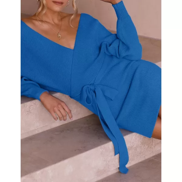 imageZESICA Womens 2023 Fall Long Batwing Sleeve Wrap V Neck Knitted Backless Bodycon Pullover Sweater Dress with BeltBrightblue