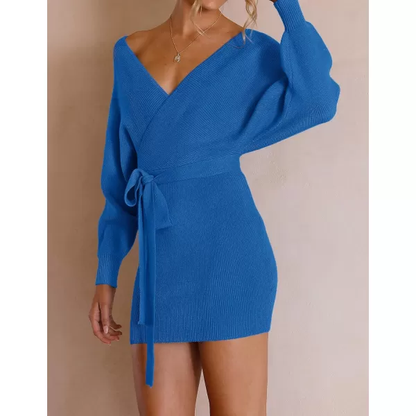 imageZESICA Womens 2023 Fall Long Batwing Sleeve Wrap V Neck Knitted Backless Bodycon Pullover Sweater Dress with BeltBrightblue