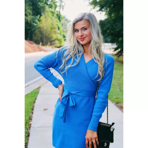 imageZESICA Womens 2023 Fall Long Batwing Sleeve Wrap V Neck Knitted Backless Bodycon Pullover Sweater Dress with BeltBrightblue