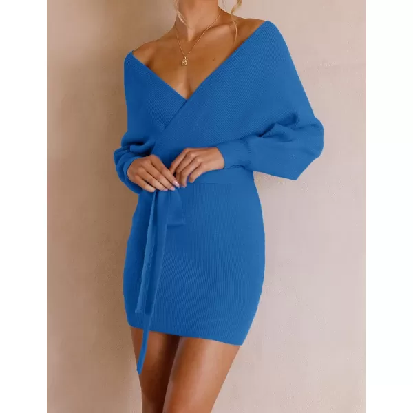 imageZESICA Womens 2023 Fall Long Batwing Sleeve Wrap V Neck Knitted Backless Bodycon Pullover Sweater Dress with BeltBrightblue