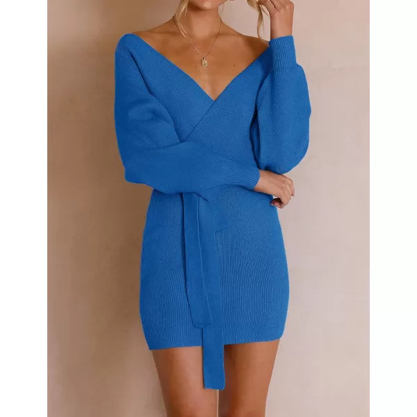imageZESICA Womens 2023 Fall Long Batwing Sleeve Wrap V Neck Knitted Backless Bodycon Pullover Sweater Dress with BeltBrightblue