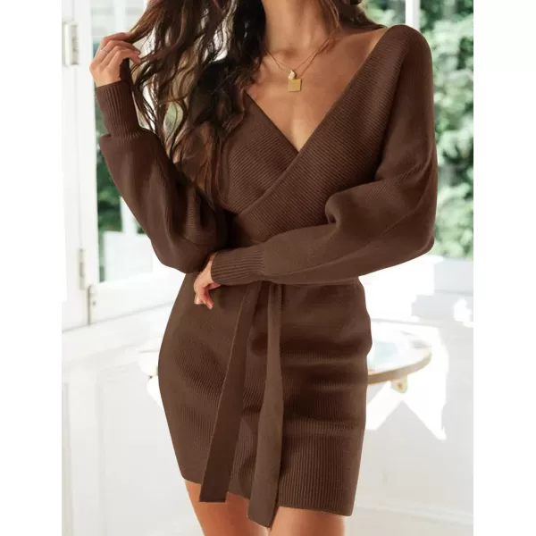 imageZESICA Womens 2023 Fall Long Batwing Sleeve Wrap V Neck Knitted Backless Bodycon Pullover Sweater Dress with BeltBrown
