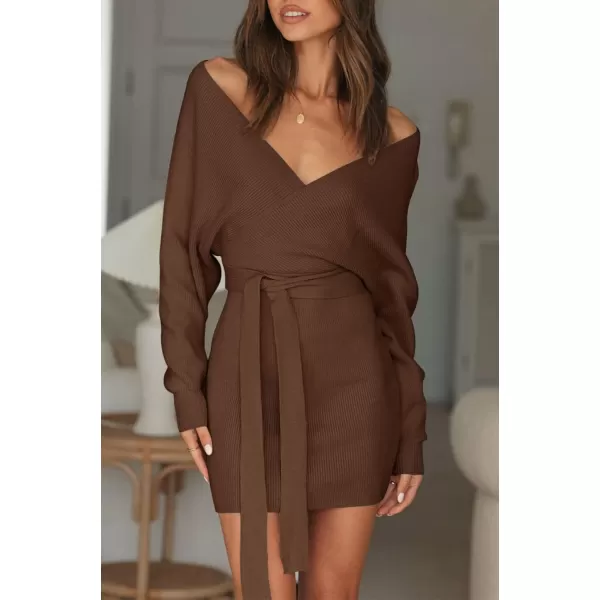 imageZESICA Womens 2023 Fall Long Batwing Sleeve Wrap V Neck Knitted Backless Bodycon Pullover Sweater Dress with BeltBrown