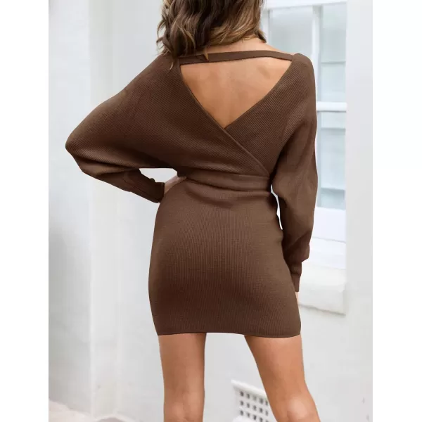imageZESICA Womens 2023 Fall Long Batwing Sleeve Wrap V Neck Knitted Backless Bodycon Pullover Sweater Dress with BeltBrown