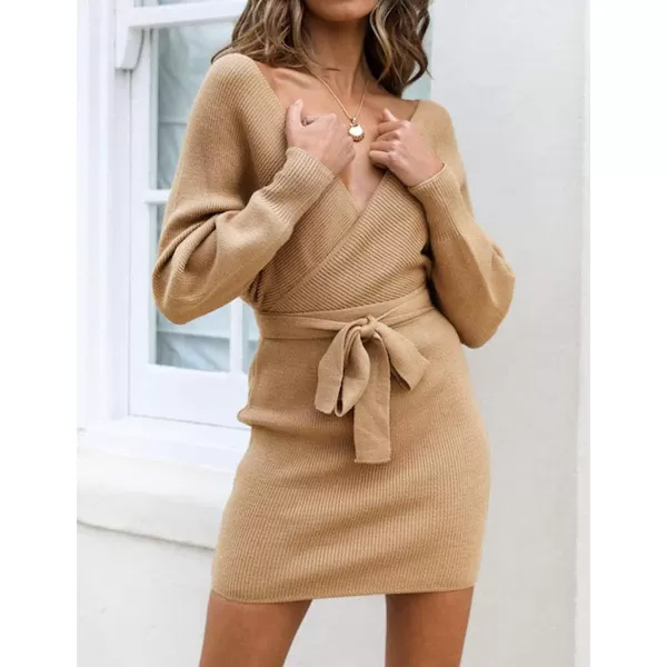 imageZESICA Womens 2023 Fall Long Batwing Sleeve Wrap V Neck Knitted Backless Bodycon Pullover Sweater Dress with BeltCamel