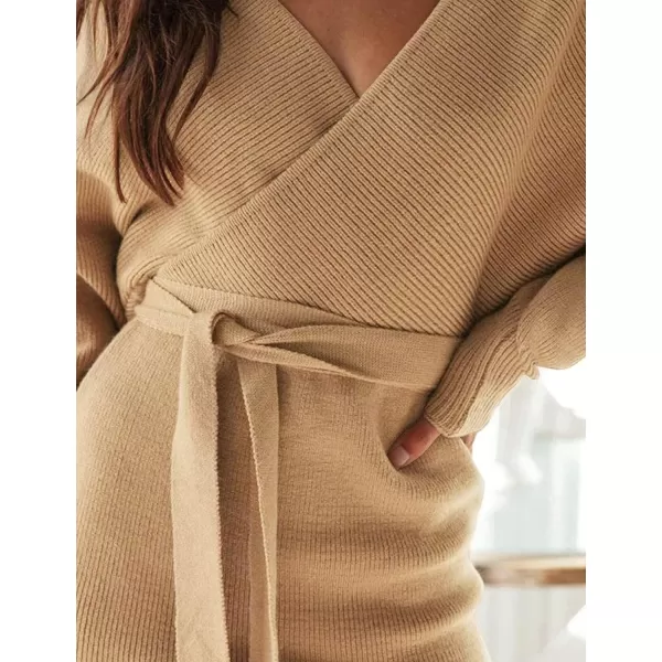 imageZESICA Womens 2023 Fall Long Batwing Sleeve Wrap V Neck Knitted Backless Bodycon Pullover Sweater Dress with BeltCamel