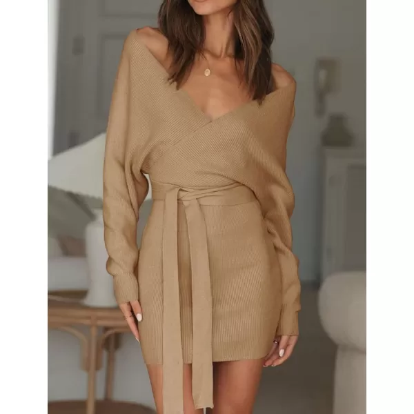 imageZESICA Womens 2023 Fall Long Batwing Sleeve Wrap V Neck Knitted Backless Bodycon Pullover Sweater Dress with BeltCamel