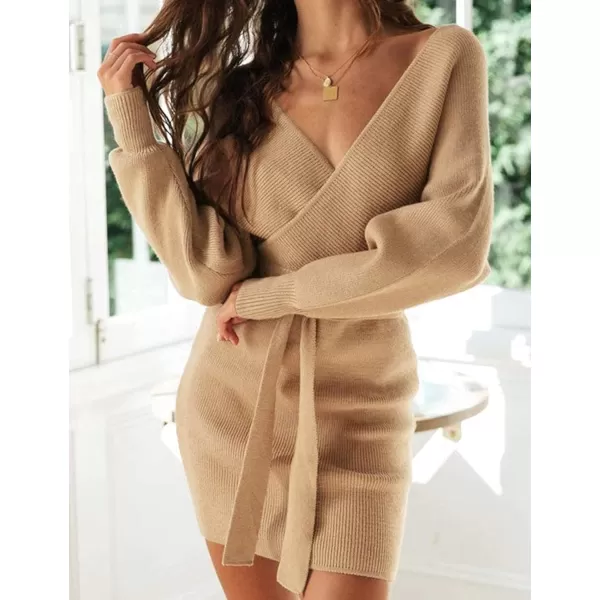 imageZESICA Womens 2023 Fall Long Batwing Sleeve Wrap V Neck Knitted Backless Bodycon Pullover Sweater Dress with BeltCamel