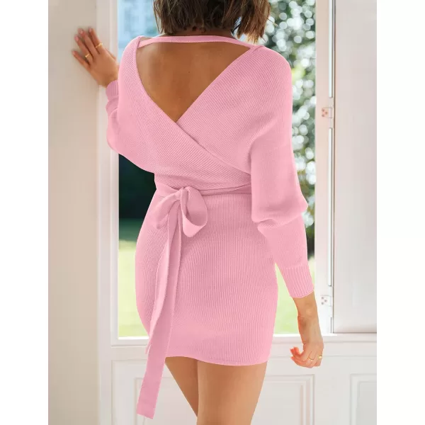 imageZESICA Womens 2023 Fall Long Batwing Sleeve Wrap V Neck Knitted Backless Bodycon Pullover Sweater Dress with BeltCandypink