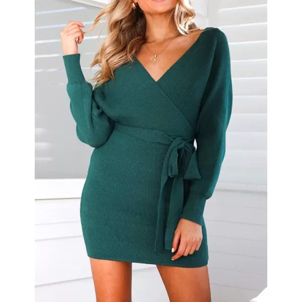 imageZESICA Womens 2023 Fall Long Batwing Sleeve Wrap V Neck Knitted Backless Bodycon Pullover Sweater Dress with BeltGreen