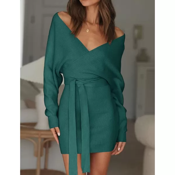 imageZESICA Womens 2023 Fall Long Batwing Sleeve Wrap V Neck Knitted Backless Bodycon Pullover Sweater Dress with BeltGreen