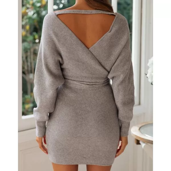 imageZESICA Womens 2023 Fall Long Batwing Sleeve Wrap V Neck Knitted Backless Bodycon Pullover Sweater Dress with BeltGrey