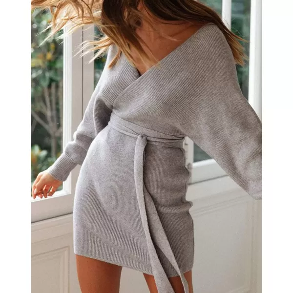 imageZESICA Womens 2023 Fall Long Batwing Sleeve Wrap V Neck Knitted Backless Bodycon Pullover Sweater Dress with BeltGrey