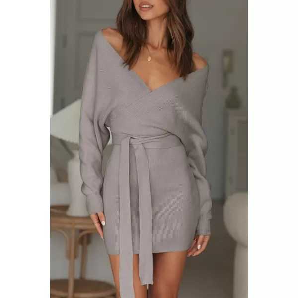 imageZESICA Womens 2023 Fall Long Batwing Sleeve Wrap V Neck Knitted Backless Bodycon Pullover Sweater Dress with BeltGrey