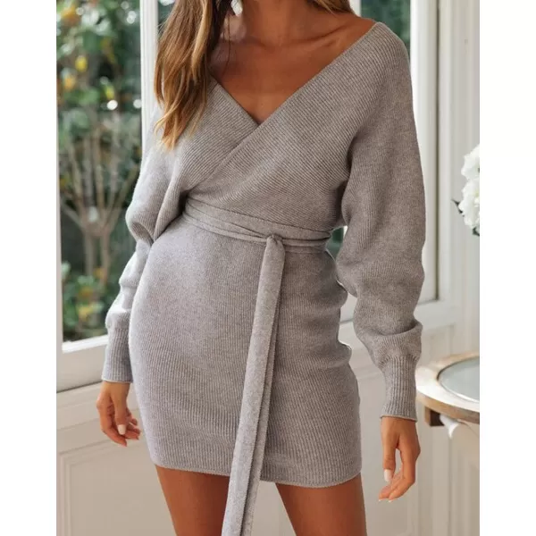 imageZESICA Womens 2023 Fall Long Batwing Sleeve Wrap V Neck Knitted Backless Bodycon Pullover Sweater Dress with BeltGrey