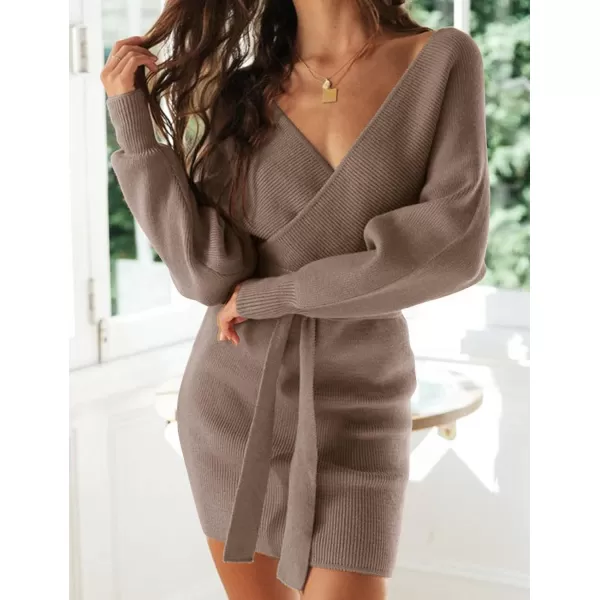 imageZESICA Womens 2023 Fall Long Batwing Sleeve Wrap V Neck Knitted Backless Bodycon Pullover Sweater Dress with BeltGreykhaki