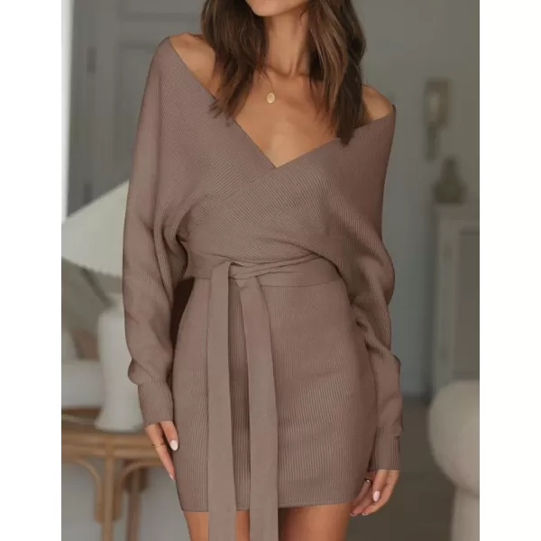imageZESICA Womens 2023 Fall Long Batwing Sleeve Wrap V Neck Knitted Backless Bodycon Pullover Sweater Dress with BeltGreykhaki
