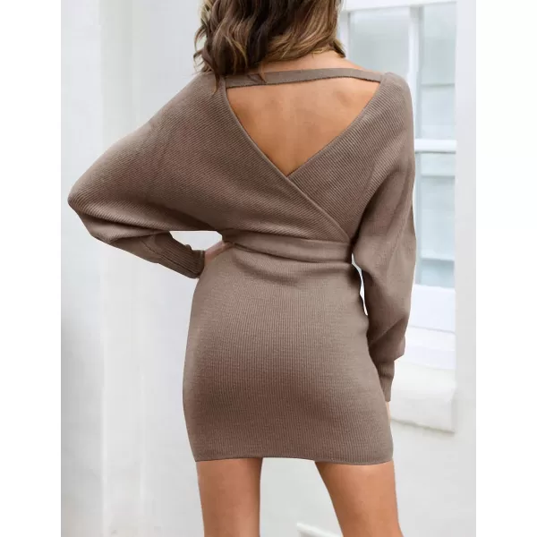 imageZESICA Womens 2023 Fall Long Batwing Sleeve Wrap V Neck Knitted Backless Bodycon Pullover Sweater Dress with BeltGreykhaki