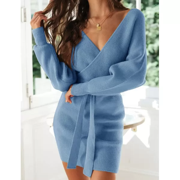 imageZESICA Womens 2023 Fall Long Batwing Sleeve Wrap V Neck Knitted Backless Bodycon Pullover Sweater Dress with BeltMidnightblue