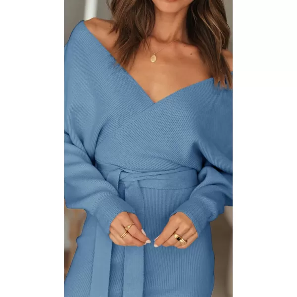 imageZESICA Womens 2023 Fall Long Batwing Sleeve Wrap V Neck Knitted Backless Bodycon Pullover Sweater Dress with BeltMidnightblue