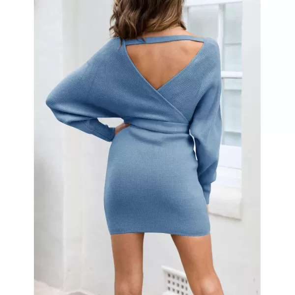 imageZESICA Womens 2023 Fall Long Batwing Sleeve Wrap V Neck Knitted Backless Bodycon Pullover Sweater Dress with BeltMidnightblue