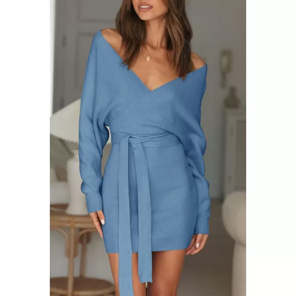 imageZESICA Womens 2023 Fall Long Batwing Sleeve Wrap V Neck Knitted Backless Bodycon Pullover Sweater Dress with BeltMidnightblue