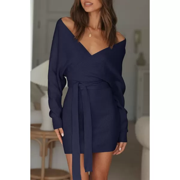 imageZESICA Womens 2023 Fall Long Batwing Sleeve Wrap V Neck Knitted Backless Bodycon Pullover Sweater Dress with BeltNavy
