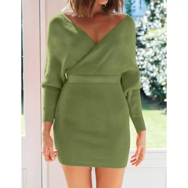 imageZESICA Womens 2023 Fall Long Batwing Sleeve Wrap V Neck Knitted Backless Bodycon Pullover Sweater Dress with BeltOlive
