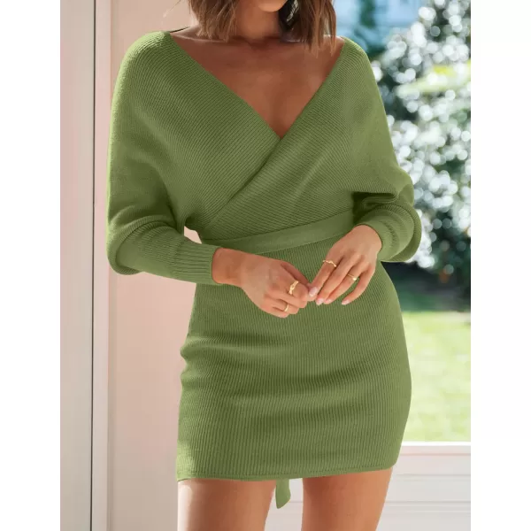 imageZESICA Womens 2023 Fall Long Batwing Sleeve Wrap V Neck Knitted Backless Bodycon Pullover Sweater Dress with BeltOlive