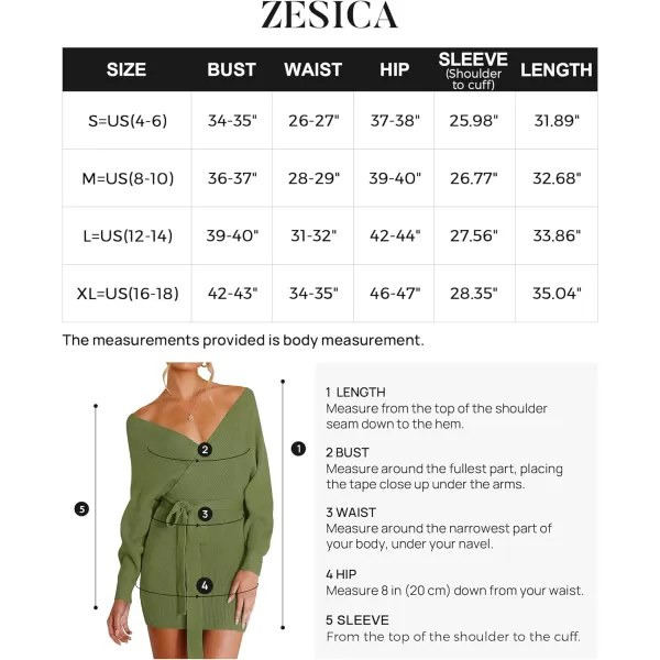 imageZESICA Womens 2023 Fall Long Batwing Sleeve Wrap V Neck Knitted Backless Bodycon Pullover Sweater Dress with BeltOlive